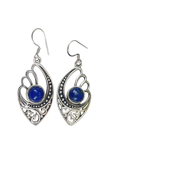 Sterling Silver Lapis Gemstone Dangle Earrings With Intricate Filigree Design Bo - Picture 4 of 10